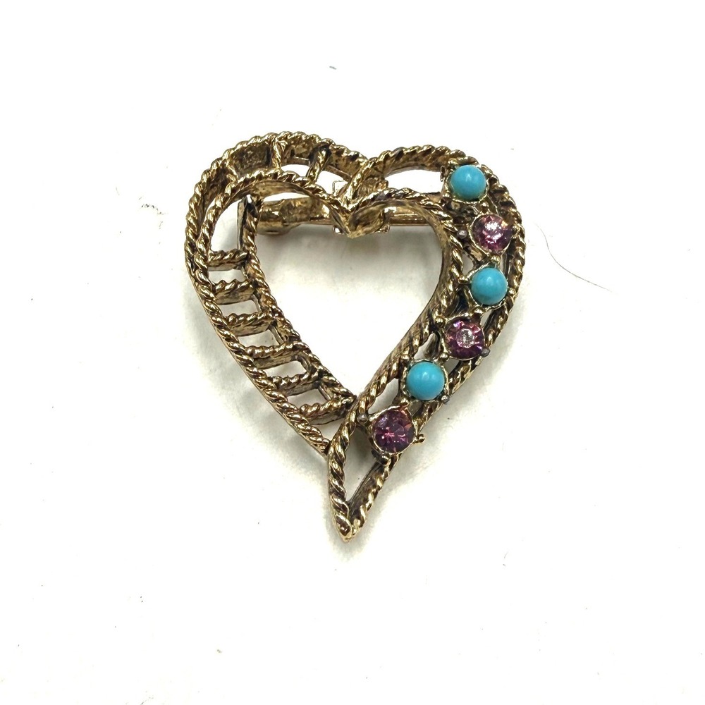 Vintage Gerrys Gold Tone Heart Brooch Pink Rhinestone Turquoise Cabochon Pin
